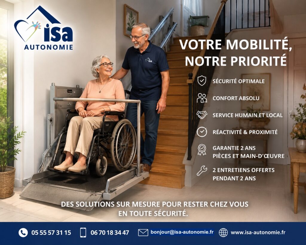 Monte-escalier, maintien à domicile, autonomie des seniors, accessibilité PMR, aide MaPrimeAdapt’, monte-escalier tournant, monte-escalier droit, installation rapide, sécurité des personnes âgées, handicap et mobilité, ascenseur privatif, plateforme PMR, douche sécurisée, adaptation logement senior, ISA Autonomie, devis gratuit monte-escalier, aides ANAH, confort à domicile, maintien de l’autonomie, spécialiste monte-escalier France.